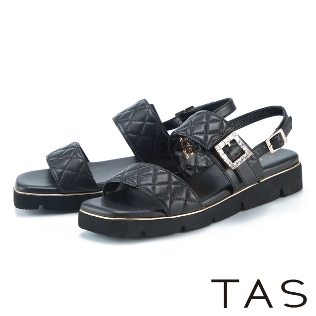 TAS 水鑽飾釦菱格縫線真皮厚底涼鞋(黑色)