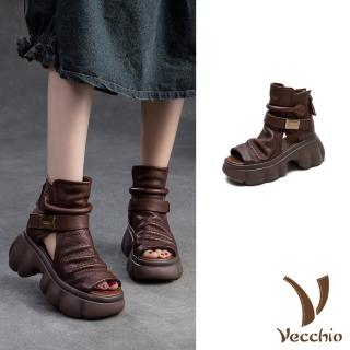 【Vecchio】真皮涼鞋 厚底涼鞋/真皮頭層牛皮透氣沖孔挖空厚底一字釦帶羅馬涼鞋(棕)
