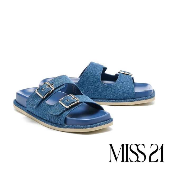 MISS 21 微酸少女休閒牛仔布純色方釦雙繫帶方頭厚底拖鞋(藍)