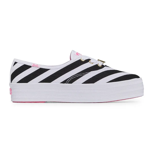 【Keds】BARBIE POINT STRIPED 芭比聯名時髦條紋尖頭厚底帆布休閒鞋-黑白(9241W234998)