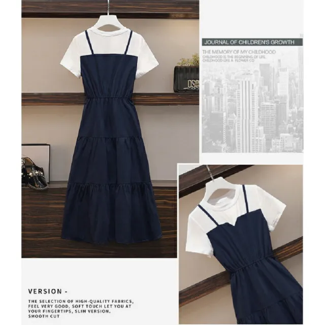 【Shiny 藍格子】吊帶假兩件拼接收腰顯瘦短袖洋裝 V3300 現+預(女裝 裙子)