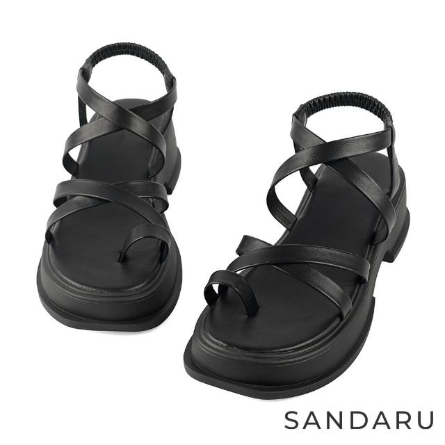 【SANDARU 山打努】涼鞋 套指交叉輕量厚底羅馬涼鞋(黑)