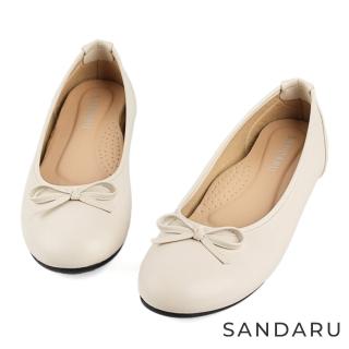【SANDARU 山打努】娃娃鞋 圓頭蝶結真皮鞋墊平底鞋(米)