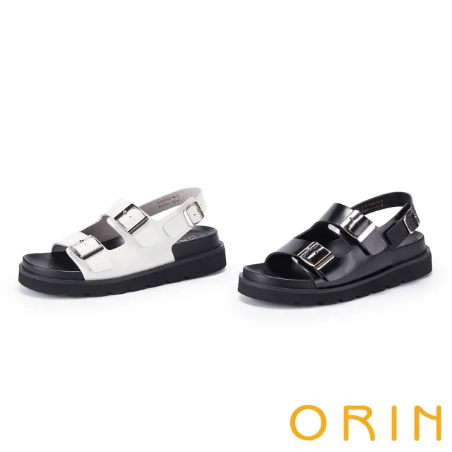 【ORIN】寬版雙帶釦牛皮平底涼鞋(黑色)