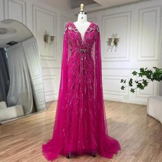 【女神婚紗禮服】極致奢華閃耀串珠披肩深V收腰無袖小魚尾晚禮服LA72168A紫紅色(選美宴會敬酒 拉鍊款晚禮服)