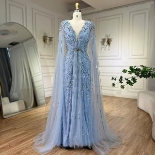 【女神婚紗禮服】極致奢華閃耀串珠披肩深V收腰無袖小魚尾晚禮服LA72168A淡藍色(選美宴會敬酒 拉鍊款晚禮服)