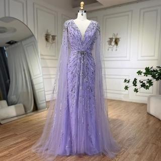 【女神婚紗禮服】極致奢華閃耀串珠披肩深V收腰無袖小魚尾晚禮服LA72168A丁香紫(選美宴會敬酒 拉鍊款晚禮服)