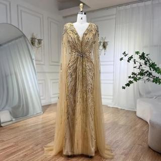 【女神婚紗禮服】極致奢華閃耀串珠披肩深V收腰無袖小魚尾晚禮服LA72168A金黃色(選美宴會敬酒 拉鍊款晚禮服)