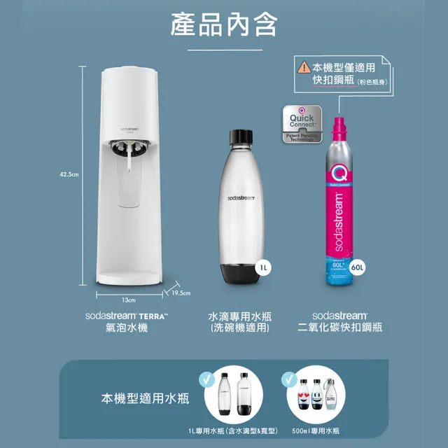 【福利品】Sodastream-TERRA 自動扣瓶氣泡水機 純淨白/迷霧藍(保固2年)