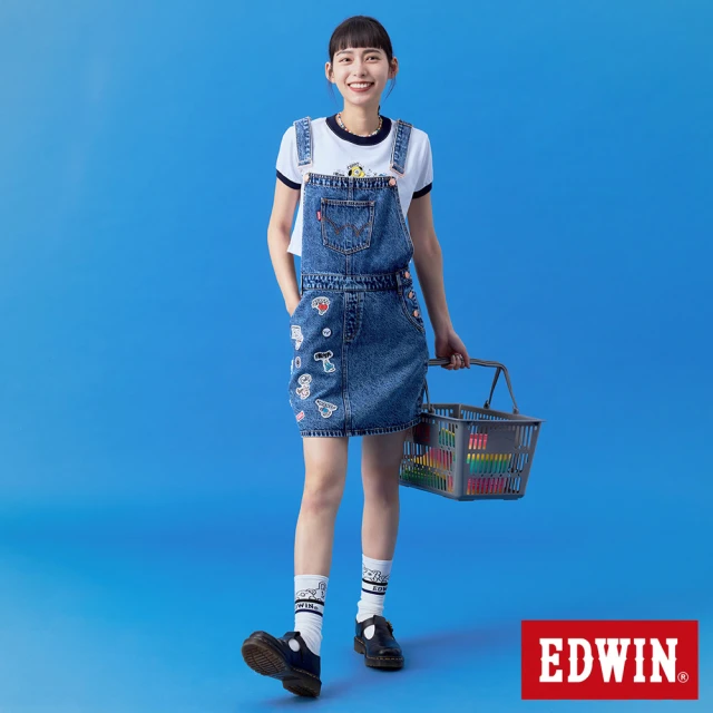 EDWIN 女裝 BT21徽章吊帶丹寧短裙(石洗藍)
