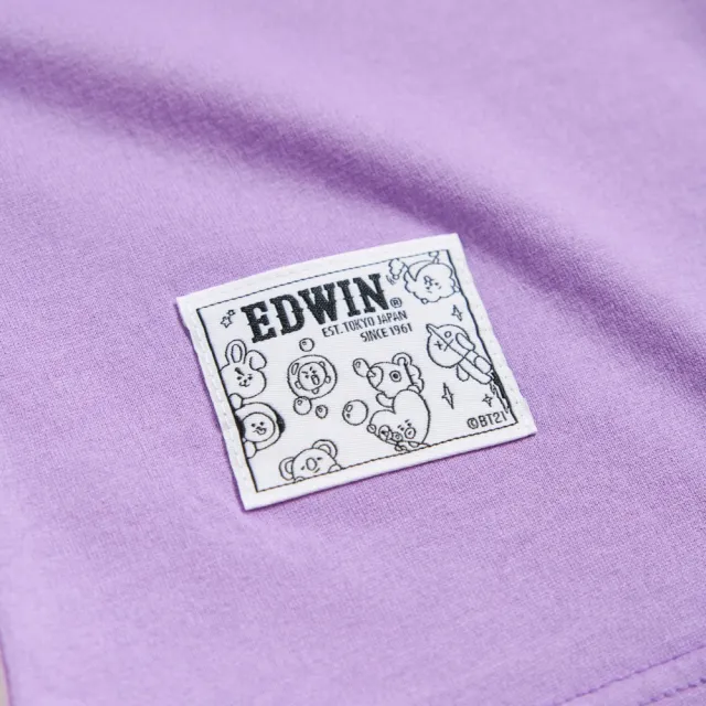 【EDWIN】女裝 BT21拼貼牛仔紋短袖T恤(灰紫色)