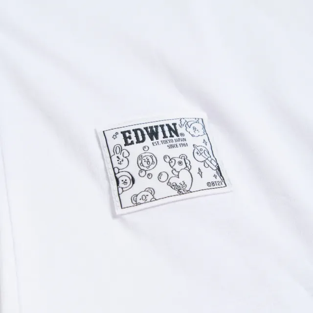 【EDWIN】女裝 BT21拼貼牛仔紋短袖T恤(白色)