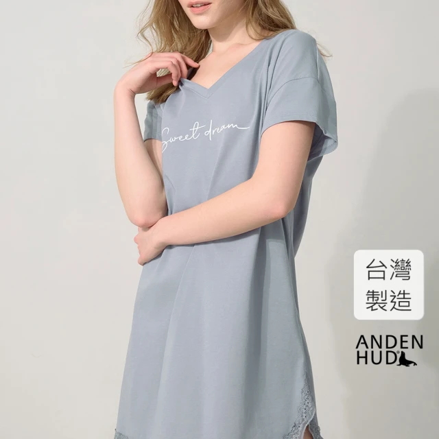 Anden Hud 連身_療癒烘焙．V領蕾絲拼接短袖睡衣(靛