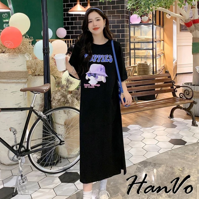 HanVo 現貨 PUPPIES造型狗狗長洋裝(百搭舒適寬鬆連衣裙 韓系女裝中長裙 女生衣著 3706)