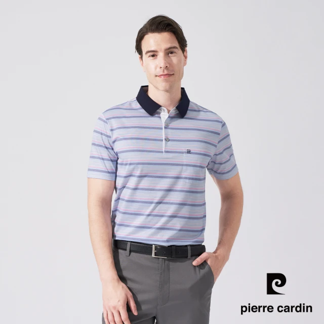 pierre cardin 皮爾卡登 商務休閒 男款 橫條印花短袖POLO衫-藍色(5247272-35)