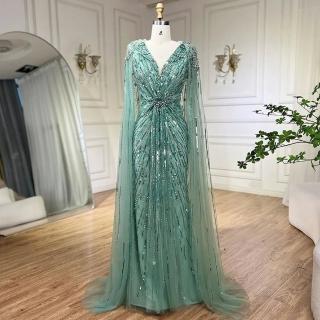 【女神婚紗禮服】極致奢華閃耀串珠披肩深V收腰無袖小魚尾晚禮服LA72168A薄荷綠(選美宴會敬酒 拉鍊款晚禮服)