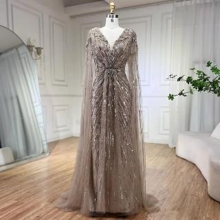 【女神婚紗禮服】極致奢華閃耀串珠披肩深V收腰無袖小魚尾晚禮服LA72168A焦糖色(選美宴會敬酒 拉鍊款晚禮服)