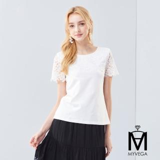 【MYVEGA 麥雪爾】MA高含棉拼接柔美蕾絲彈性上衣-白