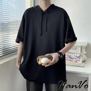 【HanVo】現貨 男款薄款連帽潮流短袖上衣(簡約舒適時尚短袖上衣 夏季潮流日常T 男生衣著 B01-1085)
