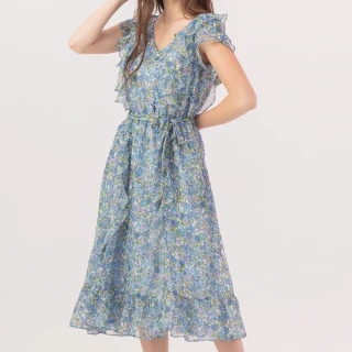 【EIIZO】小花邊設計印花雪紡洋裝(藍)