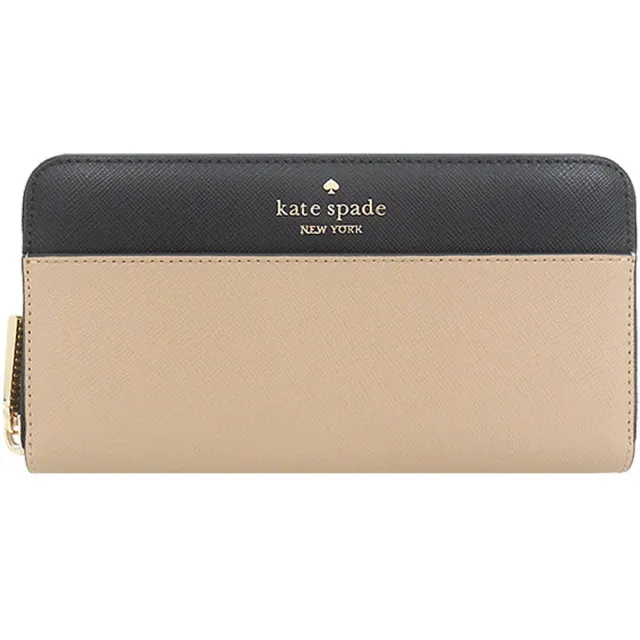 【KATE SPADE】Madison黑X奶茶拼接皮革小桃心拉鍊式長夾