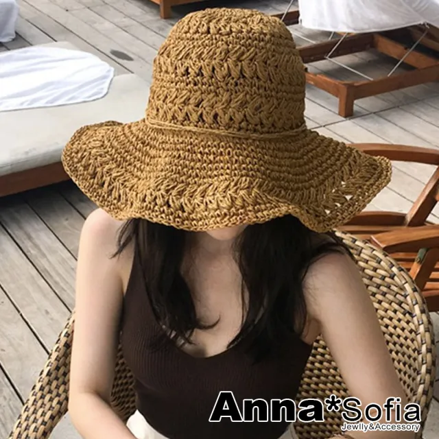 【AnnaSofia】遮陽帽防曬帽淑女帽網美渡假草帽海灘帽漁夫帽-綁帶花辮編織 現貨(駝系)