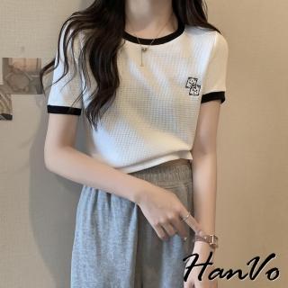 【HanVo】現貨 華夫格撞色領邊短袖上衣(別緻可愛卡通刺繡 寬鬆修身顯瘦 女生衣著 A01-0201)
