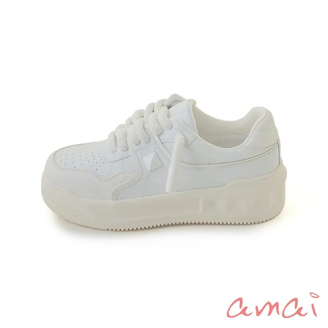 【amai】時尚拼色免綁帶輕量休閒鞋 小白鞋 運動鞋 厚底鞋 懶人鞋 大尺碼 GS13-7WT(白色)