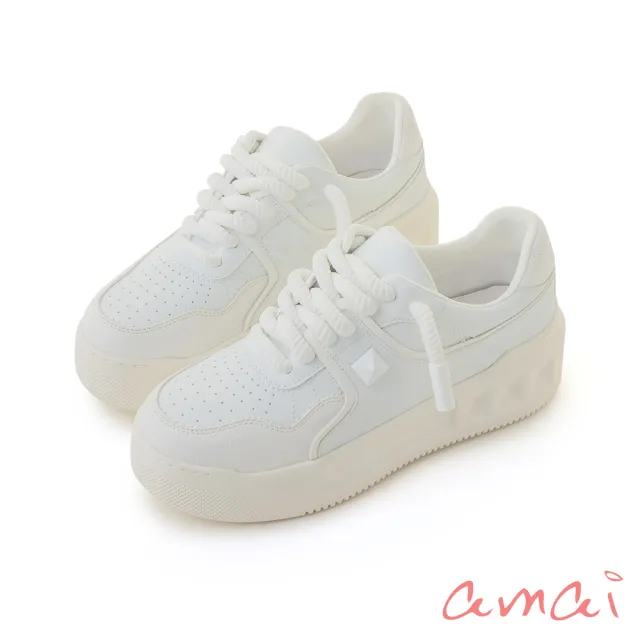 【amai】時尚拼色免綁帶輕量休閒鞋 小白鞋 運動鞋 厚底鞋 懶人鞋 大尺碼 GS13-7WT(白色)