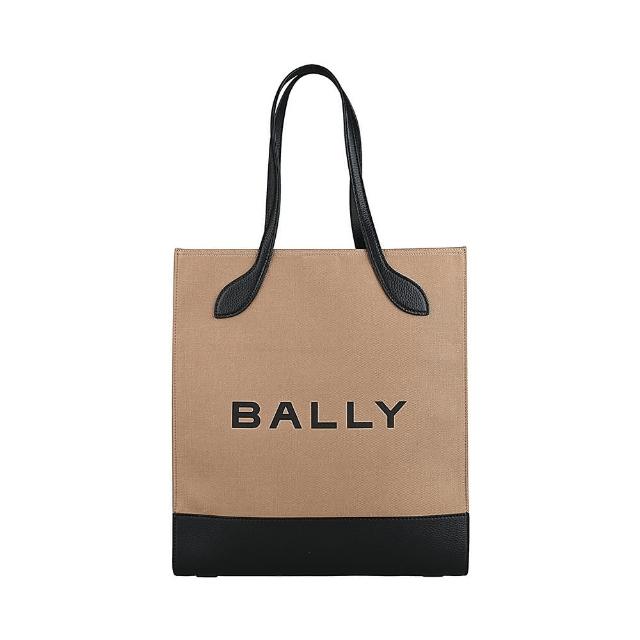 【BALLY】Bar經典黑字LOGO帆布拼接皮革手提托特包(沙x黑)