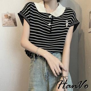 【HanVo】現貨 經典雙色條紋兔子刺繡上衣(法式翻領質感百搭 休閒日常T 韓系女裝 女生衣著 0195)