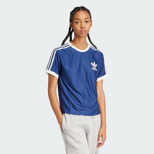 【adidas 愛迪達】上衣 女款 短袖上衣 運動 3 STRIPE TEE OR 藍 IR7466