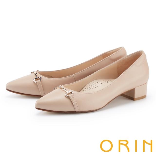 【ORIN】質感羊皮馬銜釦尖頭低跟鞋(杏色)