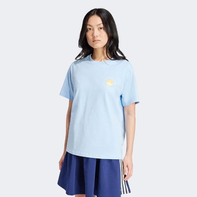 【adidas 愛迪達】上衣 女款 短袖上衣 運動 GRAPHIC TEE OR 藍 IT9831