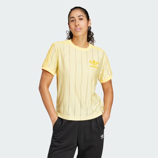 【adidas 愛迪達】上衣 女款 短袖上衣 運動 3 STRIPE TEE OR 黃 IT9869