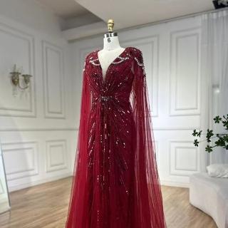 【女神婚紗禮服】極致閃耀串珠披肩深V收腰無袖小魚尾晚禮服LA72168A酒紅色(選美宴會敬酒 拉鍊款高階晚禮服)