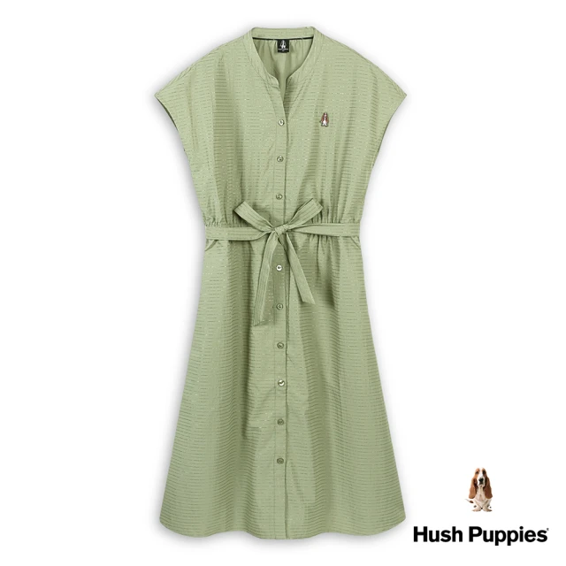 Hush Puppies 女裝 洋裝 質感條紋開襟腰綁帶落肩洋裝(芥蒂綠 / 43215109)