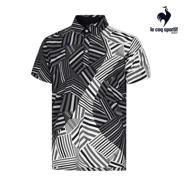 LE COQ SPORTIF 公雞 高爾夫系列 男款黑色幾何學風格特色機能防曬短袖POLO衫 QGT2J212