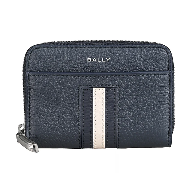 BALLY BALLY Ribbon經典銀字LOGO小牛皮藍白藍直條4卡拉鍊卡夾零錢包(午夜藍)