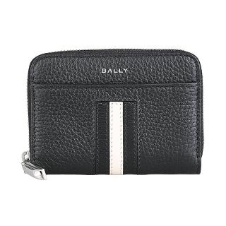 【BALLY】BALLY Ribbon經典銀字LOGO小牛皮黑白黑直條4卡拉鍊卡夾零錢包(黑)