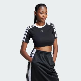 【adidas 愛迪達】3-STRIPES 上衣 短袖 短T 三線 女 黑 三葉草 短版 穿搭(IU2532 ∞)