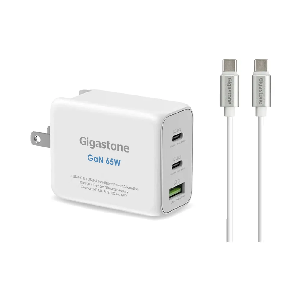 【GIGASTONE 立達】GaN 65W氮化鎵Type-C三孔快充充電器+C to C充電傳輸線(iPhone/Macbook/Switch充電頭)