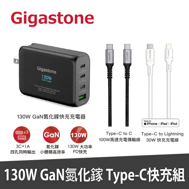 【GIGASTONE 立達】130W GaN氮化鎵四孔充電器黑+C to C+C to Lightning雙線組(MacBook/iPhone15充電頭組)