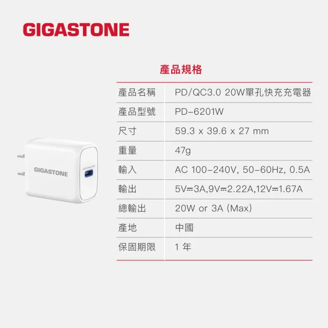 【GIGASTONE 立達】PD/QC3.0 20W單孔快充充電器+C to Lightning MFi充電線(iPhone 14/13/12快充充電頭組)