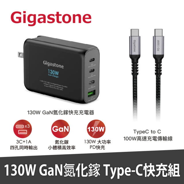 【GIGASTONE 立達】130W GaN氮化鎵四孔充電器黑+C to C 100W快充傳輸線(iPhone15/MacBook筆電/快充充電頭)