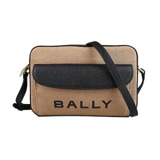 【BALLY】Bar Daniel黑字LOGO帆布拼接牛皮拉鍊斜背包(沙x黑)