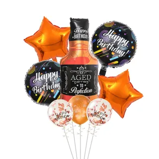 【六分埔禮品】酒瓶生日氣球8件組 威士忌氣球-橘金(慶生派對造型氣球套組星星裝飾)
