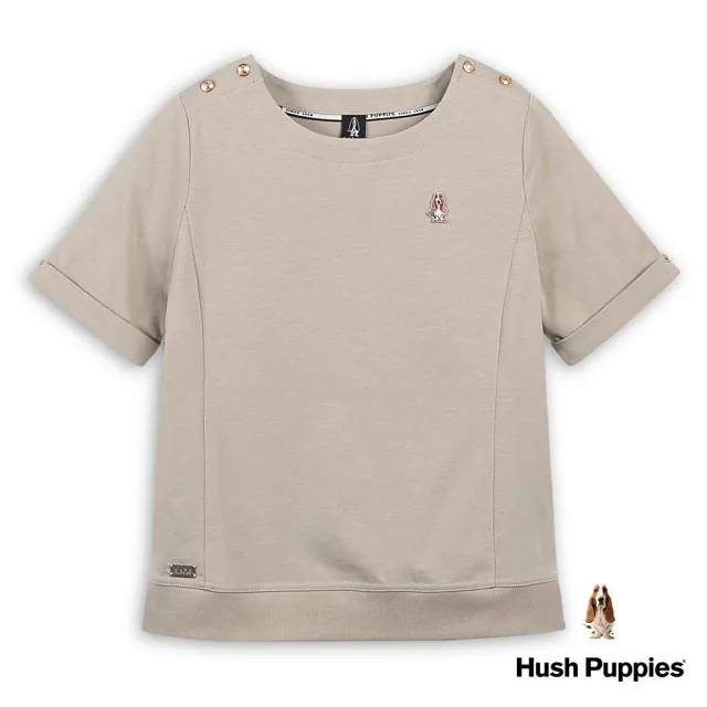 【Hush Puppies】女裝 上衣 素雅肩釦飾袖反摺刺繡小狗上衣(卡其色 / 43210202)