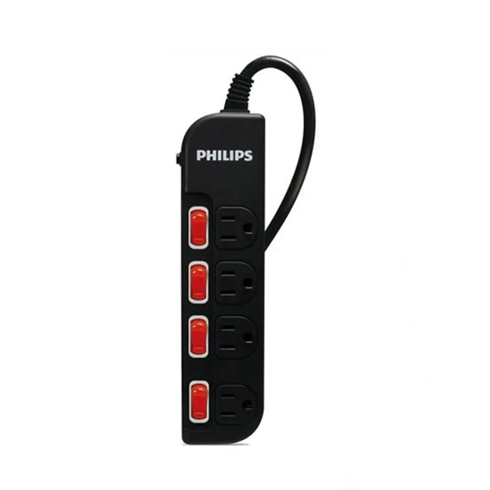 【Philips 飛利浦】過載防護型 4開4插3孔延長線 1.8米 黑白2色任選(2入組)