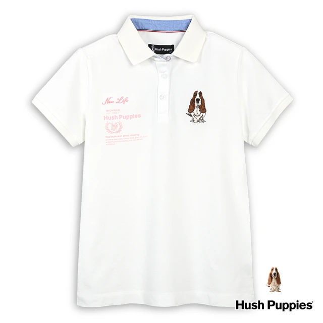 Hush Puppies 女裝 POLO衫 運動風品牌英文印花刺繡狗POLO衫(白色 / 43201102)